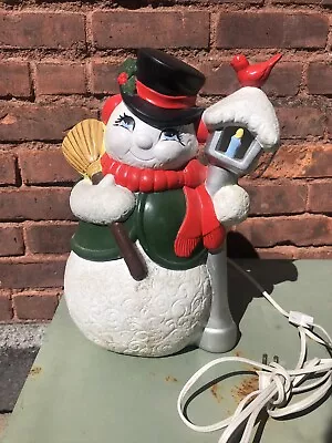 Vintage Plaster Lighted Frosty Snowman Red Scarf Broom • $25