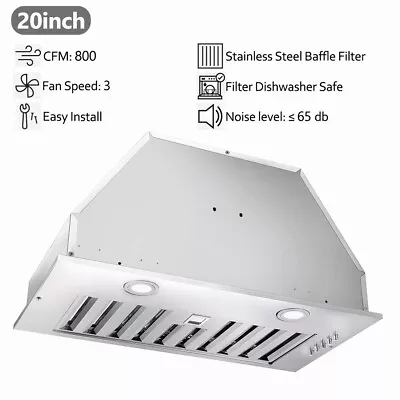 20 Inch Insert Range Hood 800CFM Built-In Vent 3-Speed Kitchen Fan Sliver W/LEDs • $149.99