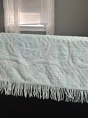 *FOR CRAFTS* Vintage Light Aqua Chenille Bedspread 82x104+Fringe • $22