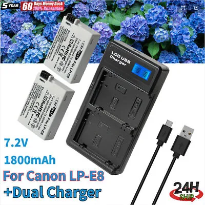 2PACK LP-E8 Battery+Dual Charger For Canon EOS 700D 600D 550D 650D Rebel T2i T3i • £18.49