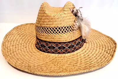 VTG Straw Cowboy Style Hat 1960s Vento SZ M  Southwest Band Feathers Wide Brim • $49.47