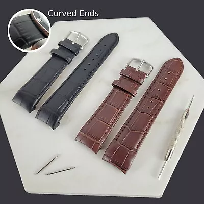 Curved End Crocodile Grain Calf Leather Watch Strap Band - Black Brown 18/20/22 • £19.95