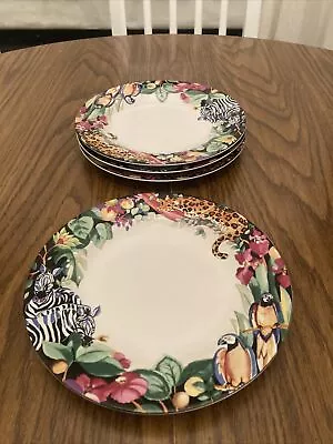 4 Sue Zipkin Vitromaster RAIN FOREST 7 3/4  Salad Plate Colorful Zebra Cheetah • $39.99