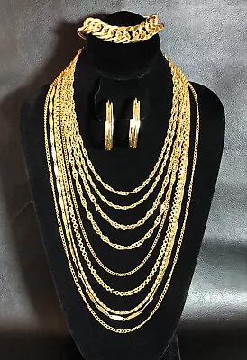 VTG Gold Layered Chain Necklaces +Hp Earrings Chunky Cuban Link Bracelet LOT6896 • $24.49