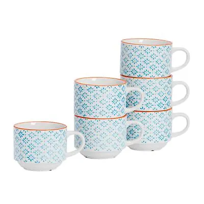 6x Hand-Printed Stacking Teacups Japanese Porcelain Tea Coffee Cups 260ml Blue • £15