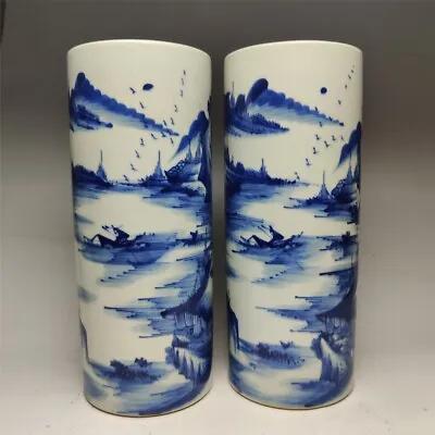 Blue And White Hat Cylinder With Landscape Pattern In Qing Dynasty (2 Pieces) • $450