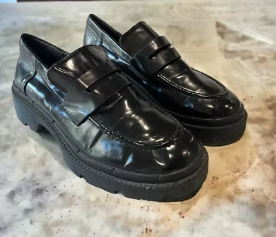 Zara Treaded Lug Sole Chunky Platform Loafers Vegan Shiny Black 41 / US 10 • $19.79