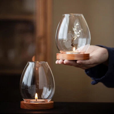 $17.79 • Buy Windproof Glass Candle Holder Clear Cover Chimney Wood Base Table Home Decor