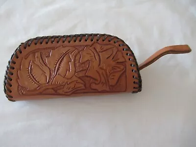 Vintage Small Brown Hand Tooled Leather Coin Purse Zipper Pouch-See Pictures • $9.95