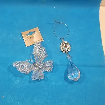 Vintage Christmas Ornament Prism & Butterfly Plastic Decor Set Of 2 • $4.91