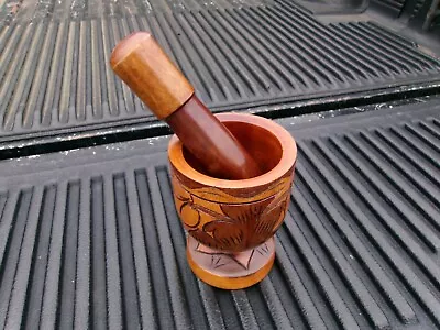 Vintage Hand Carved Wood Mortar And Pestle Real NIce • $35