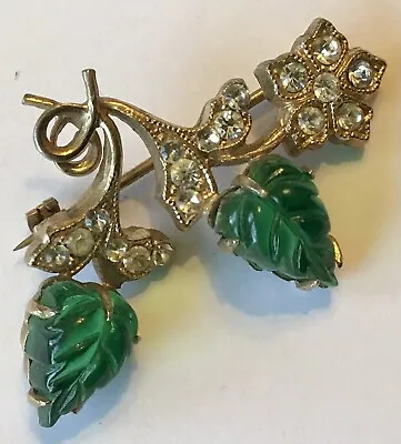 Vintage Austria Green Molded Leaf And Rhinestone Brooch • $9.99