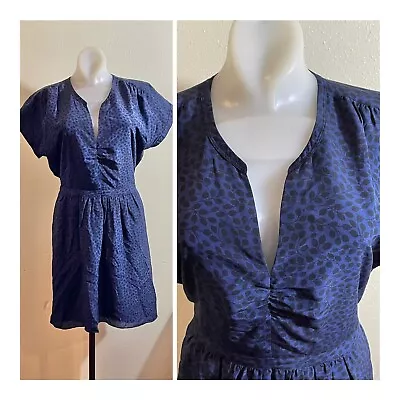 Madewell 4 Blue Black Leaf Print Silk Dress Split V-neck Elastic Waist Lined • $12.28