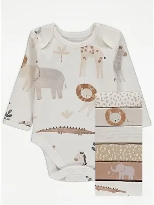 George Baby Safari Animal Print Long Sleeve Bodysuits 7 Pack Size Tiny Baby 6lbs • £9.95