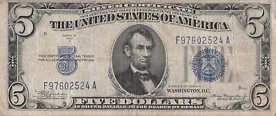 1934 $5 Blue Seal Silver Certificate Notes 8 Available • $14.95