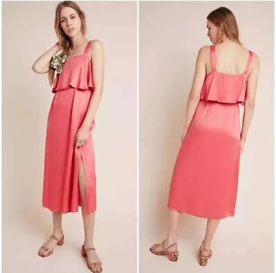 Blnk Londo. Anthropologie Shelley Midi Dress In Coral Size M Satin Fabric Pink • $40