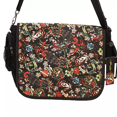 Ed Hardy Leo Messenger Bag Black Canvas Crossbody Love Kills Slowly Geisha Pads • $40.95