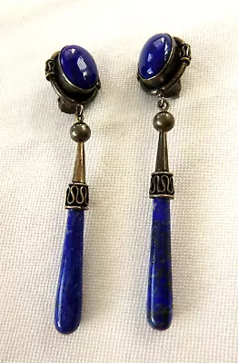 Vntg Stunning Lapis Lazuli 3  Dangle Clip Earrings 925 Sterling Silver 13.2gr • $59.95