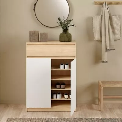 Oak & White Finish Rectangular Shoe Storage Cabinet Unit With 2 Doors 1 Drawer • £236.99