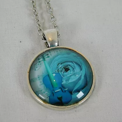 Violin Rose Blue Music Flowers Silver Tone Cabochon Pendant Chain Necklace Round • $5