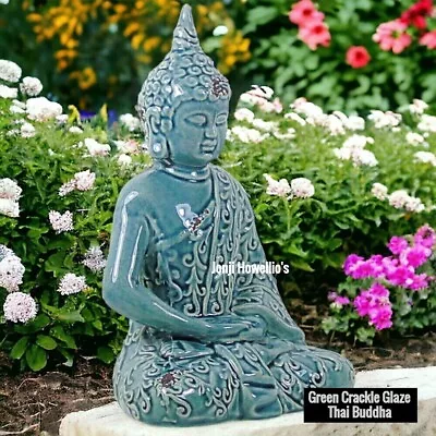 Thai Buddha Meditating Green Crackle Glaze Figurine Home Garden Ornament 23 CM • £13.90