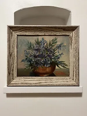 Vintage Original Oil Painting Blue Flowers In A Bowl Signed J. Peters Wood Frame • $78