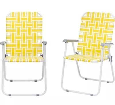 Set Of 2 Yellow Foldable Webbed Beach Chair Lawn Patio Camping Web Chair Portabl • $72.26