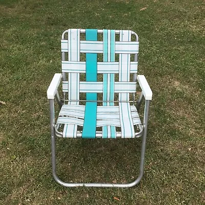 VINTAGE SUNBEAM FOLDING LAWN CHAIR Webbed Beach Camp Yard Deck Turquois Wht READ • $28.99