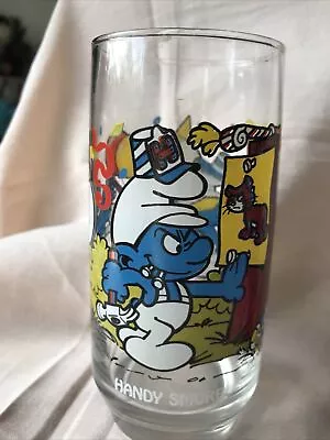 1983 Vintage Smurf Drinking Glass Handy Smurf  Peyo Wallace Berrie & Co 6  • $8