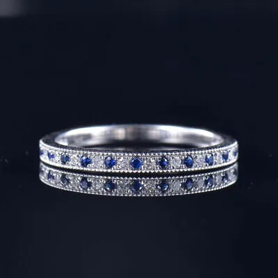 Natural Blue Sapphire Diamond Eternity Wedding Milgrain Ring Band 14K White Gold • $199