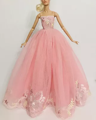 Pink Mesh Embroidered Gown Dress For 12” Dolls Fit Fashion Royalty Nuface Barbie • £20