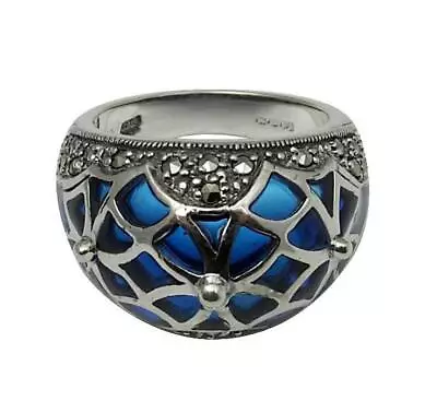 Ring With Blue Enamel & Marcasite 925 Sterling Silver Hallmarked By • £127.20