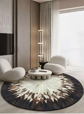 Cowhide Patchwork Rug Tricolor Round Natural Cow Hide Leather Area Rug Genuine • $278.80