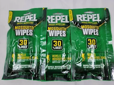 QTY 3 Repel Mosquito Repellent 30% DEET Ticks Chiggers Gnats Bugs Wipes 15 Pack • $13.99