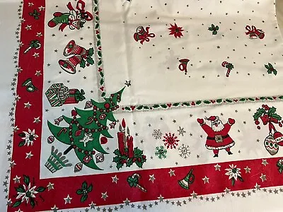 Vintage Christmas Tablecloth Santa Tree Greetings Presents Candle Holly 48x64 • $150