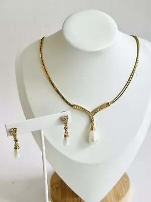 Vintage Vendome Goldtone Rhinestone Faux Pearl Necklace Earring Set • $90.54