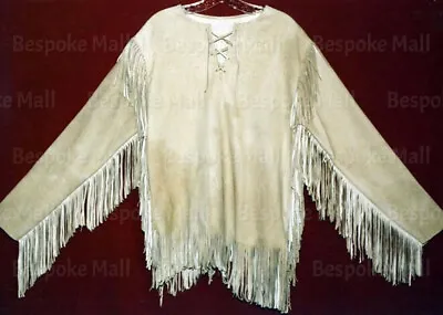 New Men's American Western Native Style Tussle White Suede Fringed Long Coat-602 • $173.99