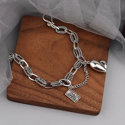 $9.98 • Buy Vintage 925 Sterling Silver Thick Chain Heart Pendant Bracelet Unique Bangle New