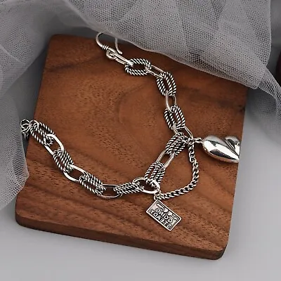 Vintage 925 Sterling Silver Thick Chain Heart Pendant Bracelet Unique Bangle • $7.99