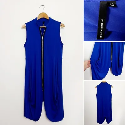 £35 • Buy Yong Kim Cobalt Blue Sleeveless Draped Zip Front Tunic Top Size 12 Lagenlook 