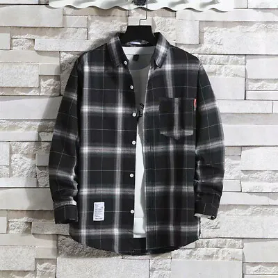 Men Retro Check Plaid Shirt Long Sleeve With Button Down Collar Mod Tartan Tops • £10.75