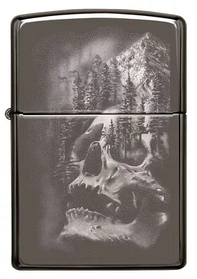 New Zippo Lighter Skull Mountain Laser Cut Photo Image Black Ice® Chrome / Boxed • £42.40