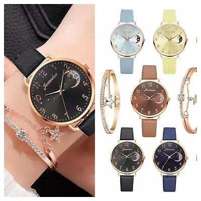  Watch And Bracelet Ladies Women Girls Fashion Leather Strap Wristwatch Gift Set • £7.95