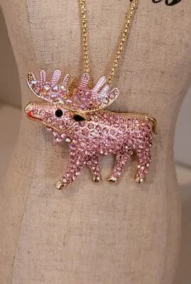 Betsey Johnson PINK Crystal Winter Moose Pendant  Necklace • $12.99