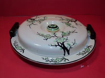 Moriyama Hand Painted Divided Green Cherry Blossom Covered Dish ( 1920s ) • $45