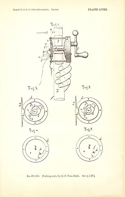 $22 • Buy  FISHING-REEL  By: E.C. VOM HOFE, CLASSIC Original Antique Patent Engraving 1887