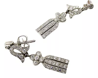 Lovely Platinum Vintage Antique Tiered Diamond Ribbon Tassel Drop Earrings • $1775