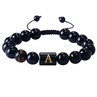 Initial Letter Bracelet For Men Black Onyx Tiger Eye Stone Beads Bracelet 10mm • $10.98