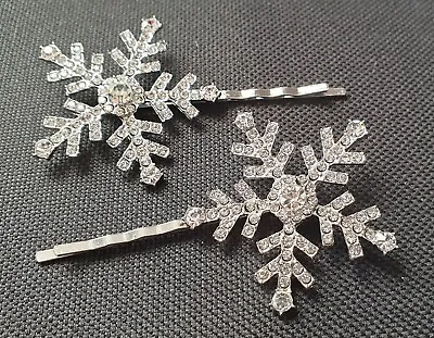 £6.99 • Buy NEW Snowflake Crystal Diamante 5.5cm Hair Clips Grips Slides Christmas Novelty