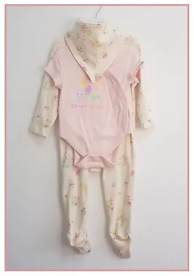 Primark Baby Girls 3-6m Starter Set Floral Sleepsuit Bodysuit & Bib 3pc Set NEW • £11.99